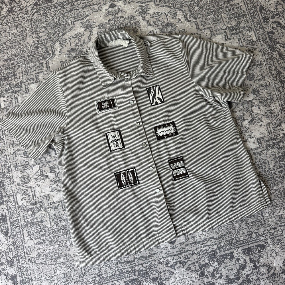 Koret Striped Blouse Sz L Gray Embellished Embroider Button Up Vtg Grandmacore